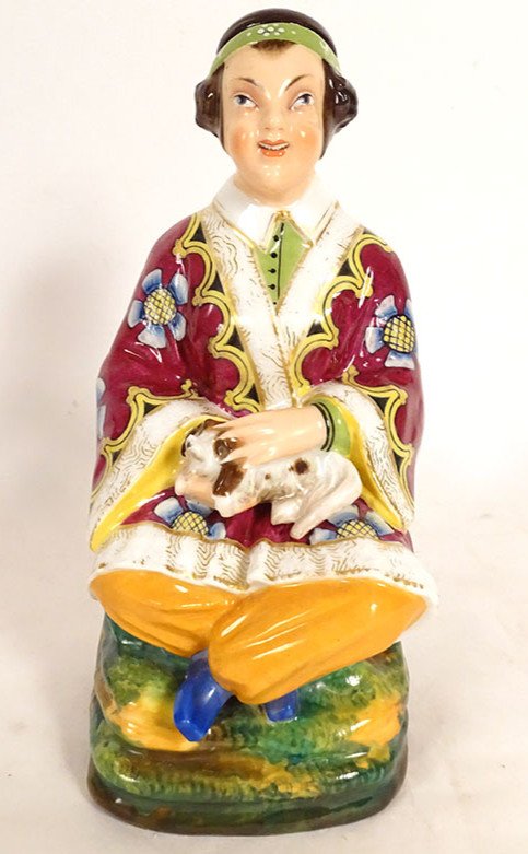 Flacon Porcelaine Bayeux Magot Chinois Femme Assise Chien Langlois XIXème