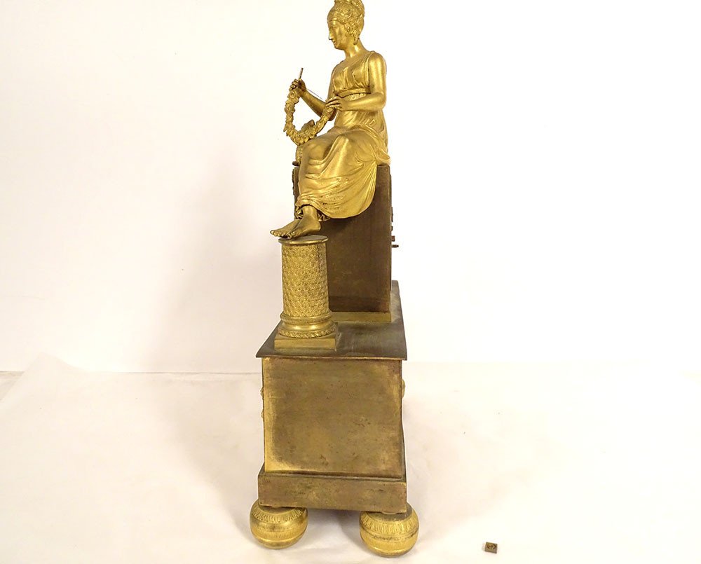 Empire Clock Gilt Bronze Young Woman Shepherdess Fountain Dolphin Flowers 19th Century-photo-8