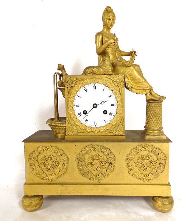 Empire Clock Gilt Bronze Young Woman Shepherdess Fountain Dolphin Flowers 19th Century