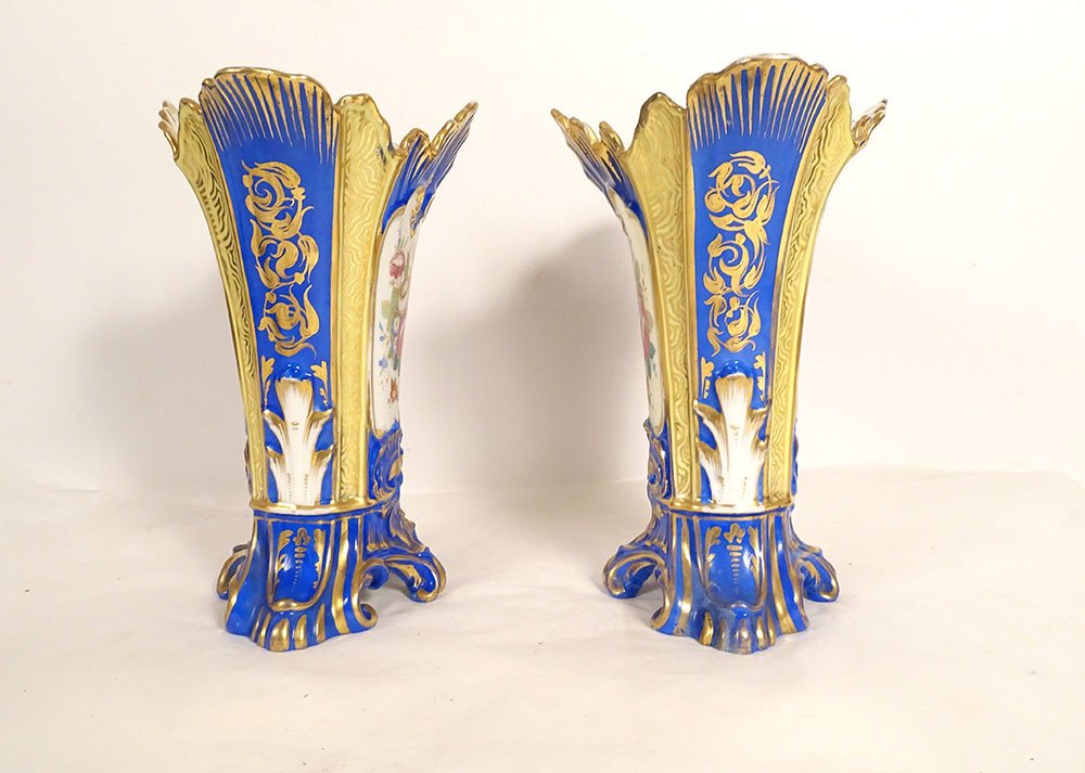 Paire Vases Porcelaine Paris Polychrome Fleurs Louis-philippe XIXème Siècle-photo-2