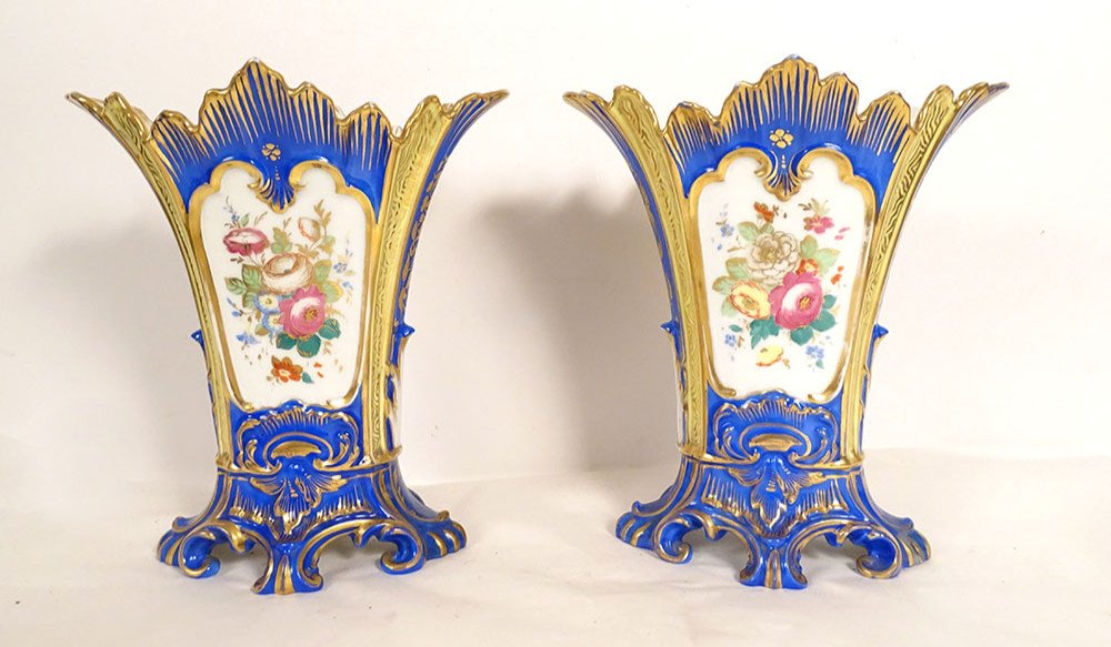 Paire Vases Porcelaine Paris Polychrome Fleurs Louis-philippe XIXème Siècle