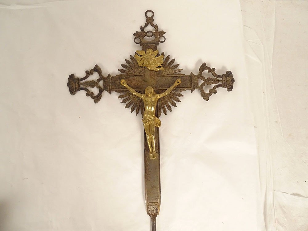 Processional Cross Crucifix Christ Virgin Gilded Bronze Silvered 19th Century-photo-2