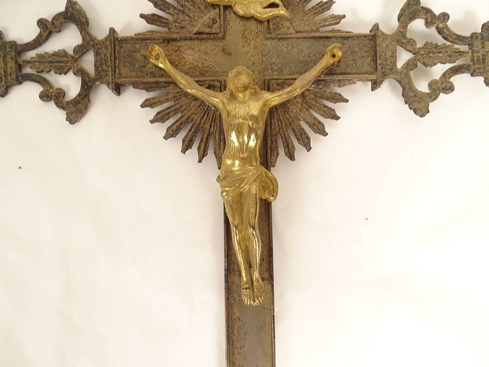 Processional Cross Crucifix Christ Virgin Gilded Bronze Silvered 19th Century-photo-3