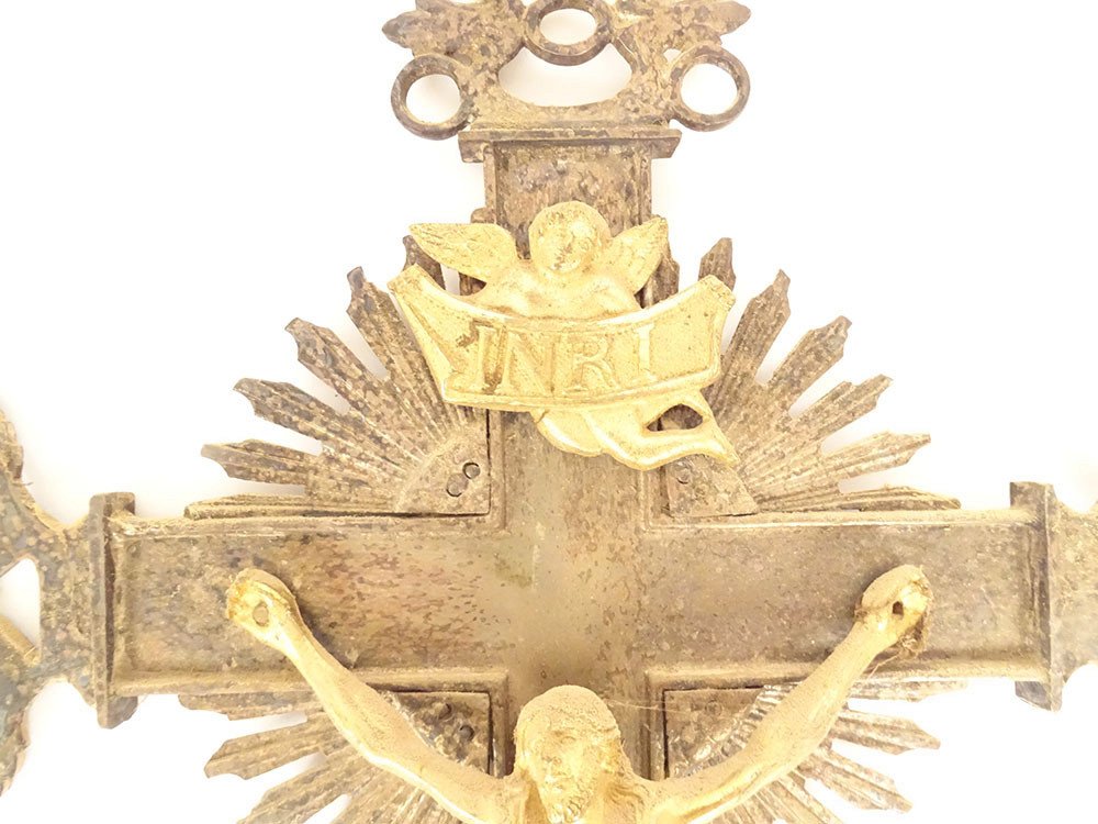 Processional Cross Crucifix Christ Virgin Gilded Bronze Silvered 19th Century-photo-4