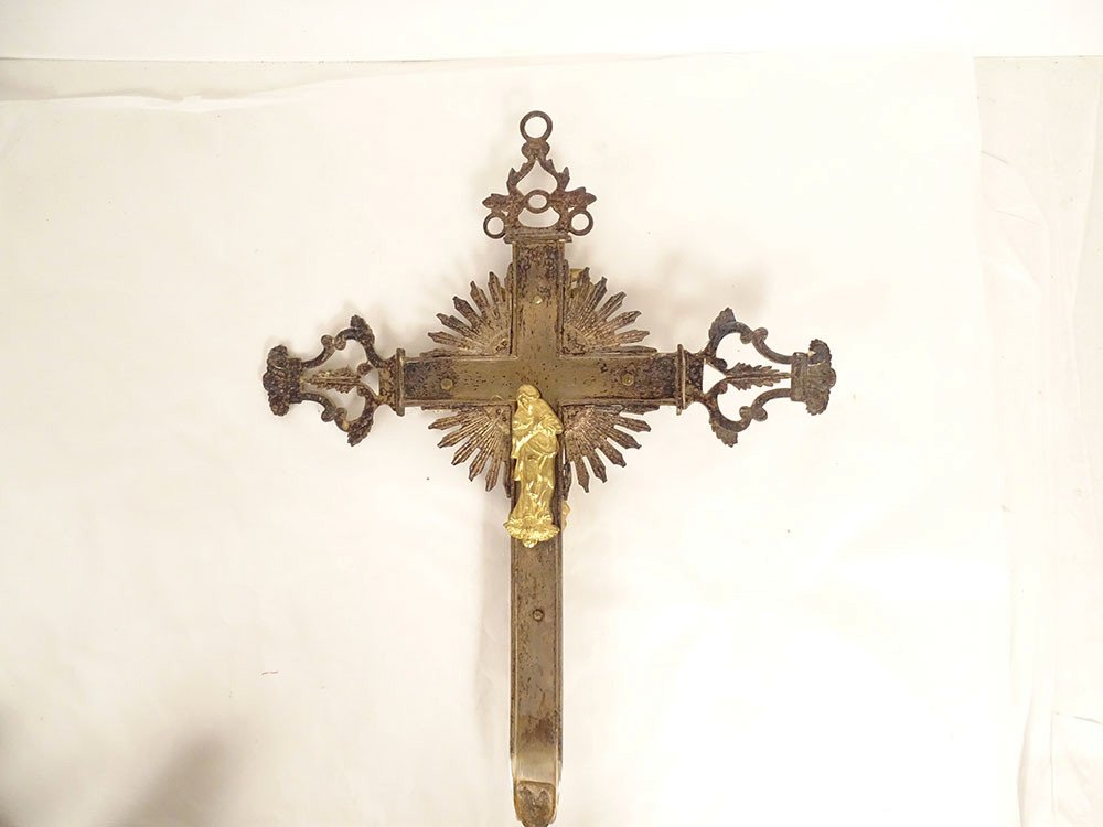 Processional Cross Crucifix Christ Virgin Gilded Bronze Silvered 19th Century-photo-3