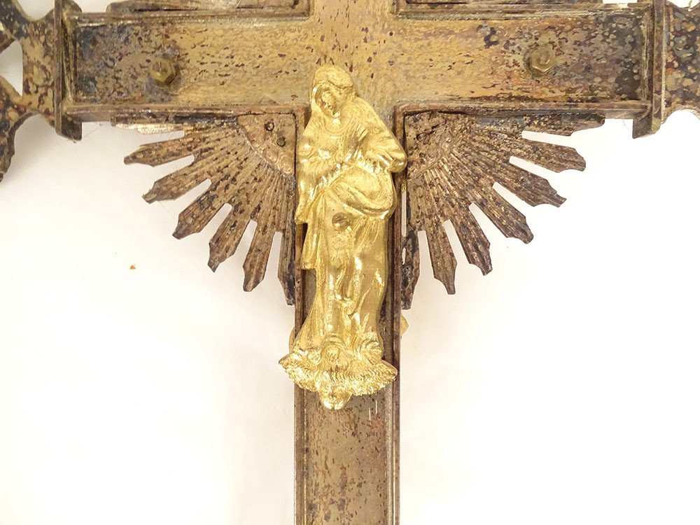 Processional Cross Crucifix Christ Virgin Gilded Bronze Silvered 19th Century-photo-4