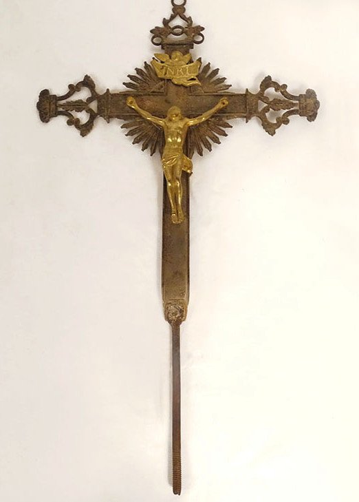 Processional Cross Crucifix Christ Virgin Gilded Bronze Silvered 19th Century