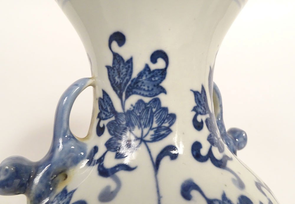 Pair Of Chinese Porcelain Baluster Vases White Blue Peonies Chenghua 20th Century-photo-1