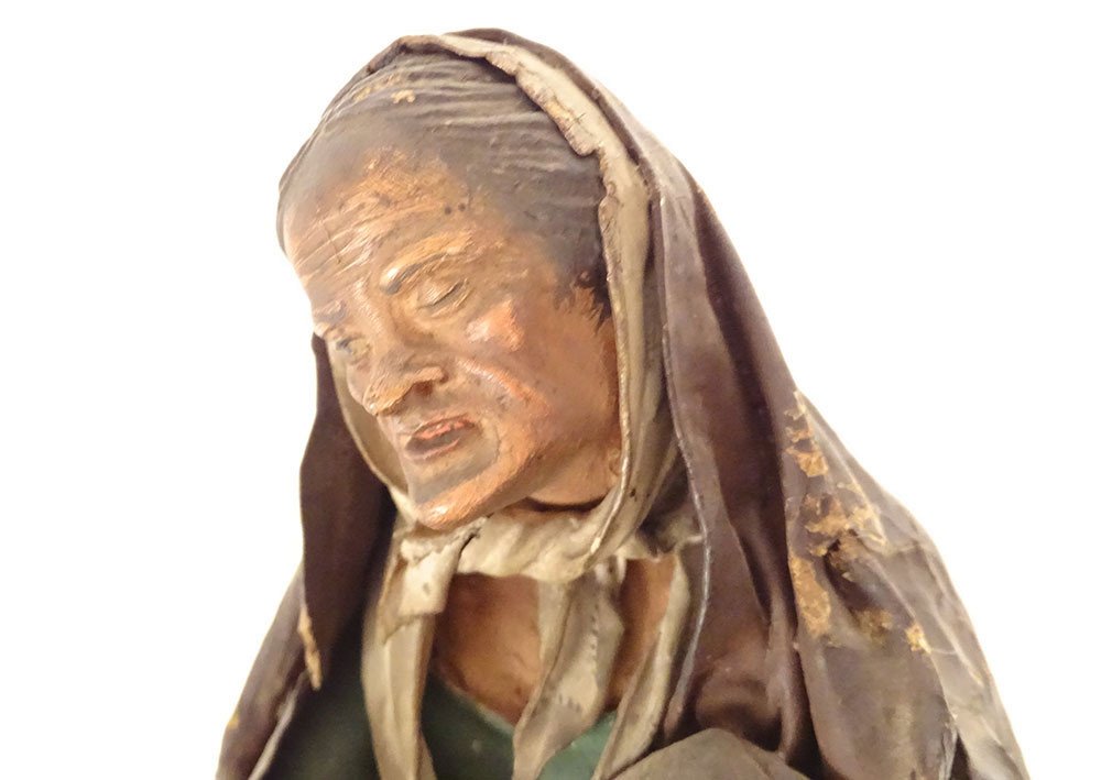 Neapolitan Santon Crib Earth Paper Mache Old Woman Beggar 19th Century-photo-3