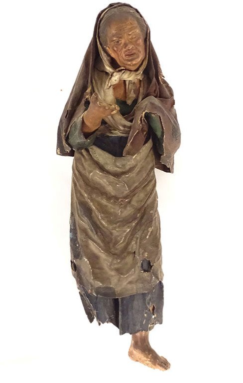 Neapolitan Santon Crib Earth Paper Mache Old Woman Beggar 19th Century