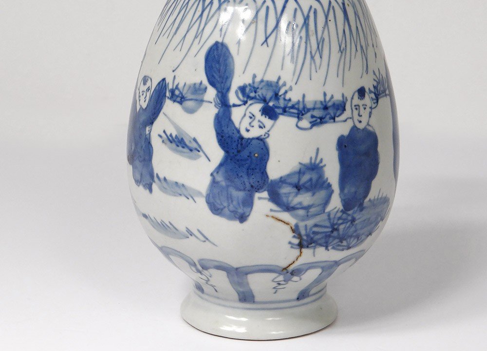 Petit Vase Porcelaine Chinoise Blanc-bleu Personnages Enfants Qianlong 18è-photo-3