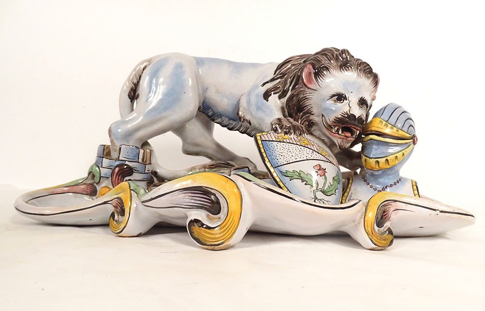 Saint-clément Emile Gallé Earthenware Inkwell Heraldic Lion Coat Of Arms Nancy 19th Century-photo-2