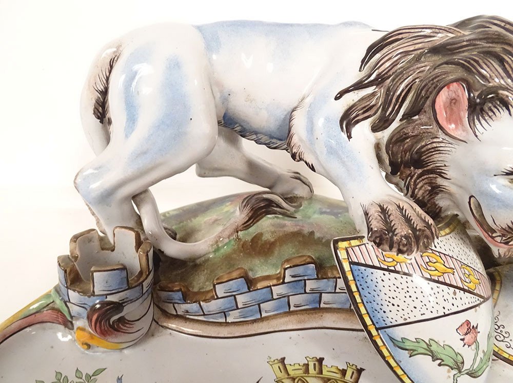 Saint-clément Emile Gallé Earthenware Inkwell Heraldic Lion Coat Of Arms Nancy 19th Century-photo-4