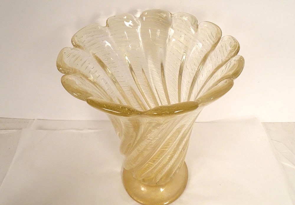 Large Murano Glass Vase Twisted Gold Inclusions Pedestal Venice Italy 20th Century-photo-2