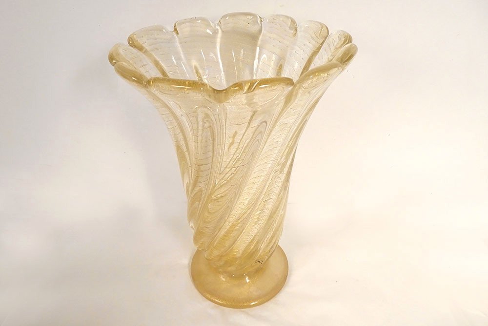 Large Murano Glass Vase Twisted Gold Inclusions Pedestal Venice Italy 20th Century-photo-3