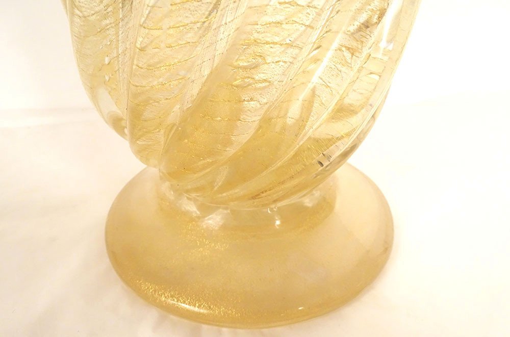 Large Murano Glass Vase Twisted Gold Inclusions Pedestal Venice Italy 20th Century-photo-4