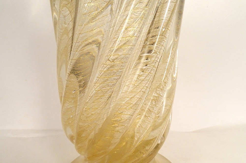 Large Murano Glass Vase Twisted Gold Inclusions Pedestal Venice Italy 20th Century-photo-1