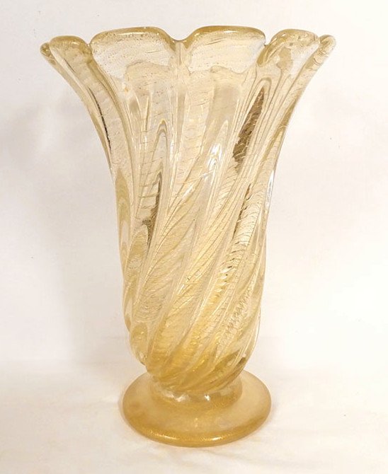 Large Murano Glass Vase Twisted Gold Inclusions Pedestal Venice Italy 20th Century