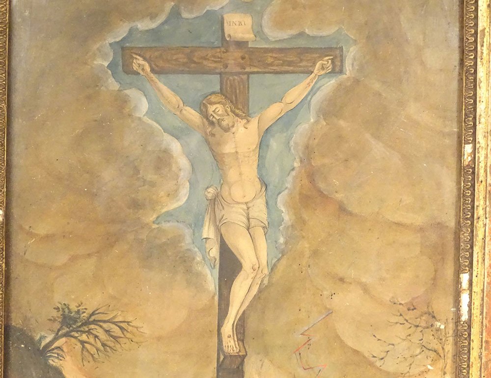 Aquarelle Crucifixion Christ Attributs Passion Serpent Jérusalem 1821 XIXè-photo-2