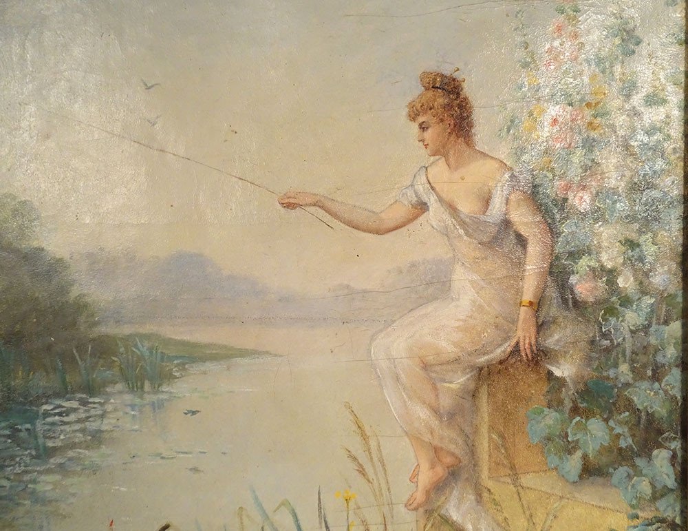 Grande HST Tableau Jeune Femme Pêche Rivière Paysage Fleurs Art Nouveau 19è-photo-2