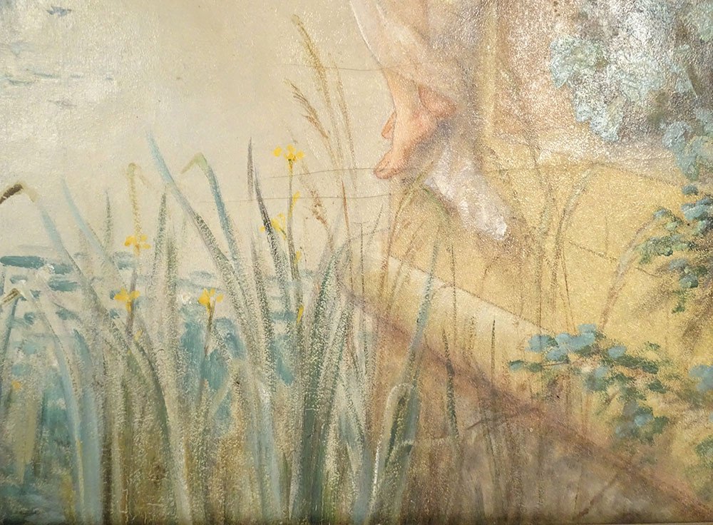 Grande HST Tableau Jeune Femme Pêche Rivière Paysage Fleurs Art Nouveau 19è-photo-3