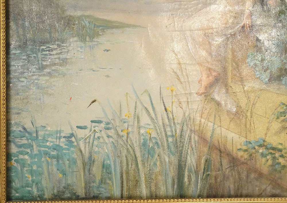 Grande HST Tableau Jeune Femme Pêche Rivière Paysage Fleurs Art Nouveau 19è-photo-2