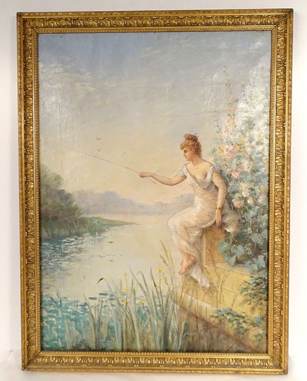 Grande HST Tableau Jeune Femme Pêche Rivière Paysage Fleurs Art Nouveau 19è