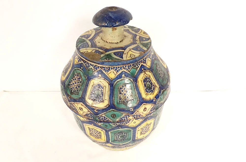 Jobbana Polychrome Earthenware Butter Pot Morocco Maghreb Fez Morocco 19th Century-photo-2