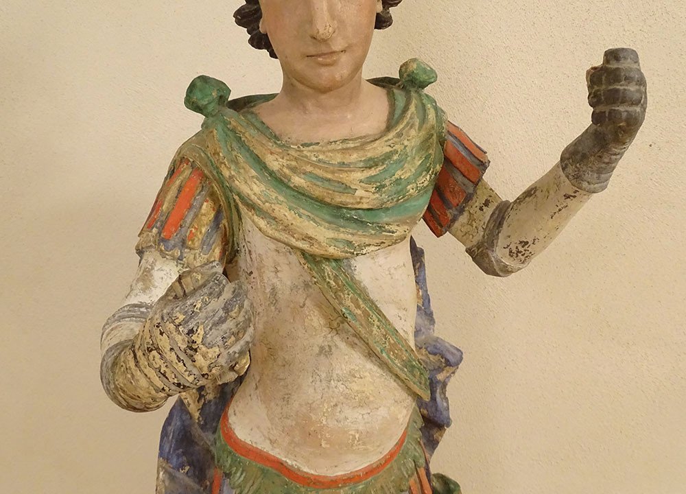 Grande Statue Religieuse Saint Florian Soldat Bois Sculpté Polychrome XVIIè-photo-4