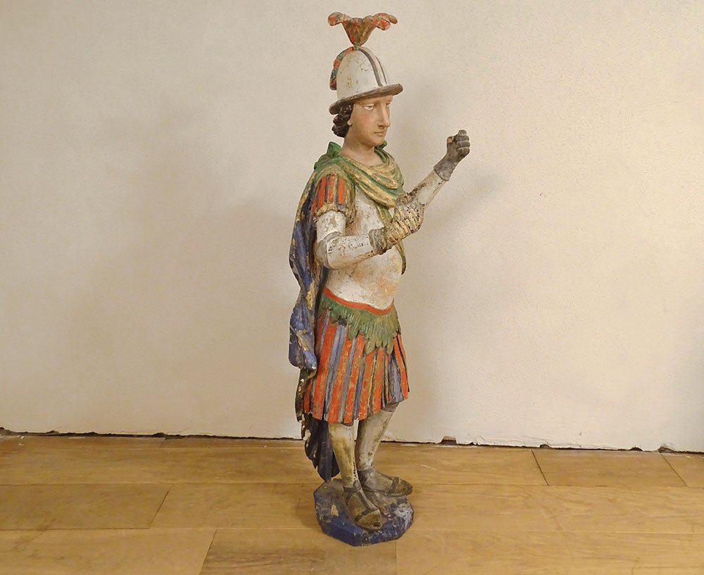 Grande Statue Religieuse Saint Florian Soldat Bois Sculpté Polychrome XVIIè-photo-6