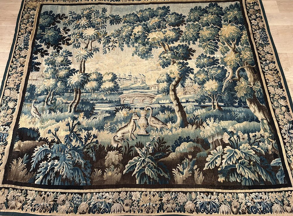 Large Aubusson Tapestry Landscape Greenery Fable Fox Stork Birds 18th-photo-2