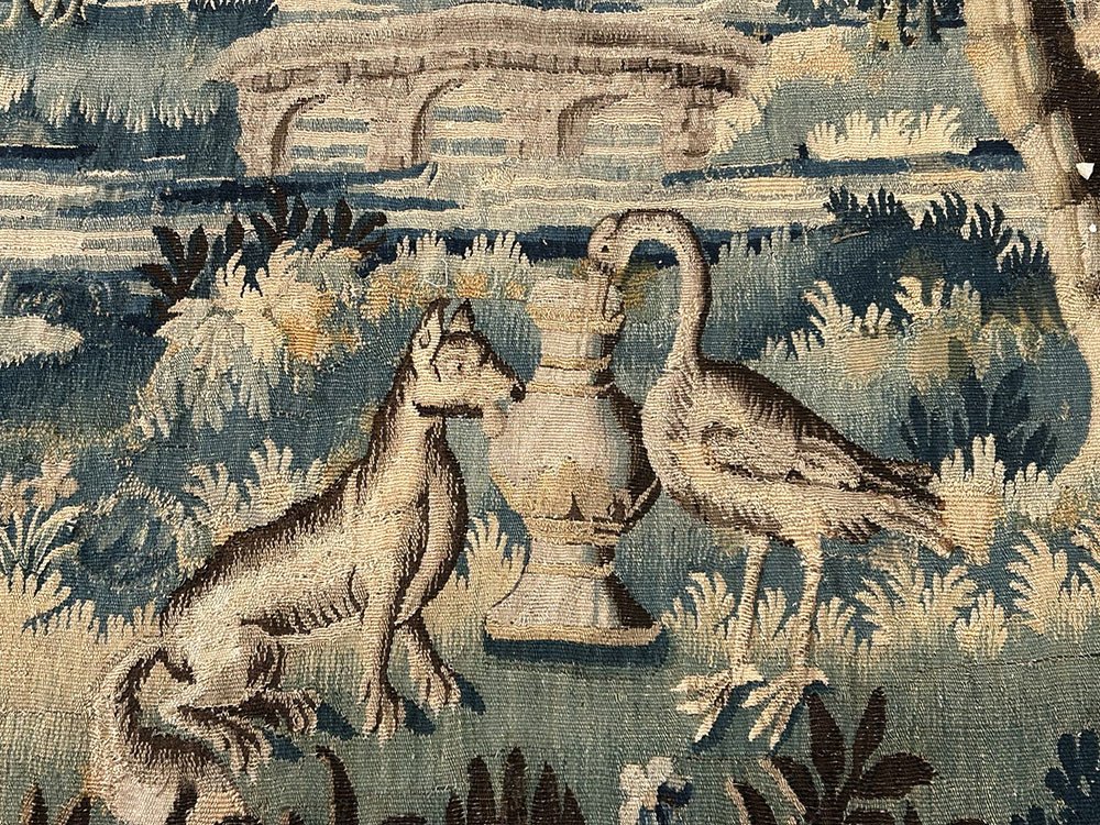 Grande Tapisserie Aubusson Paysage Verdure Fable Renard Cigogne Oiseaux 18è-photo-2