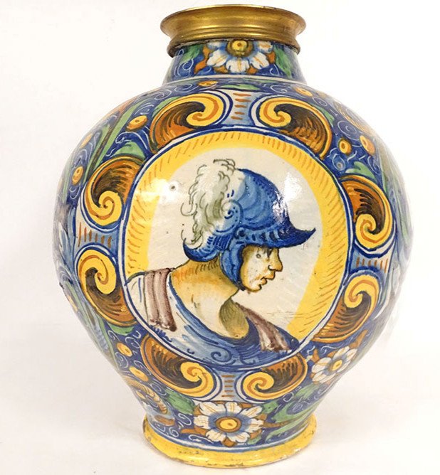 Large Majolica Vase Portraits Soldier Maestro Domenico Venice Italy XVIth