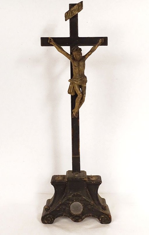 Crucifix Christ Croix Bois Polychrome Noirci Reliquaire XVIIIème Siècle