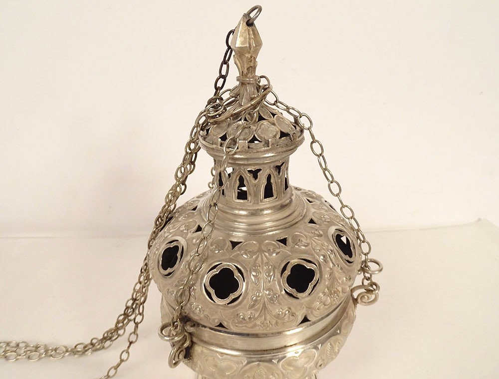 Neo-gothic Incense Burner Solid Silver Minerva Metal Chains Church 19th Century-photo-3