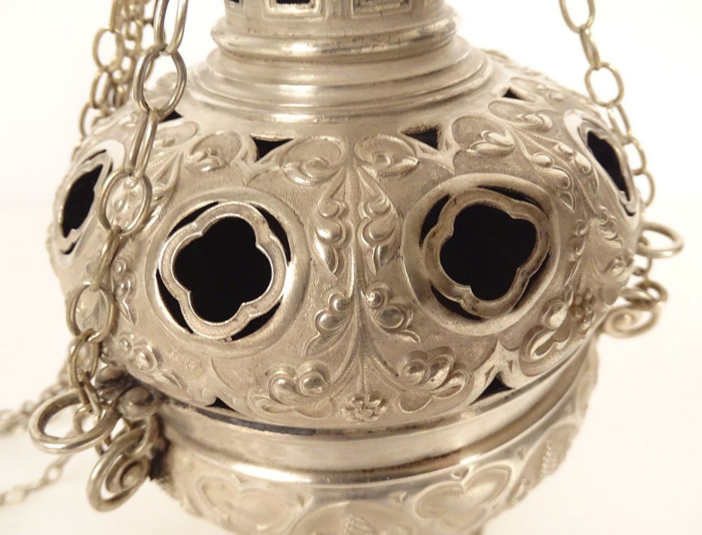 Neo-gothic Incense Burner Solid Silver Minerva Metal Chains Church 19th Century-photo-4