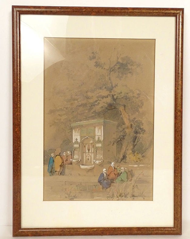 Gouache Orientalist Amedeo Preziosi Ottoman Characters Fountain XIXth