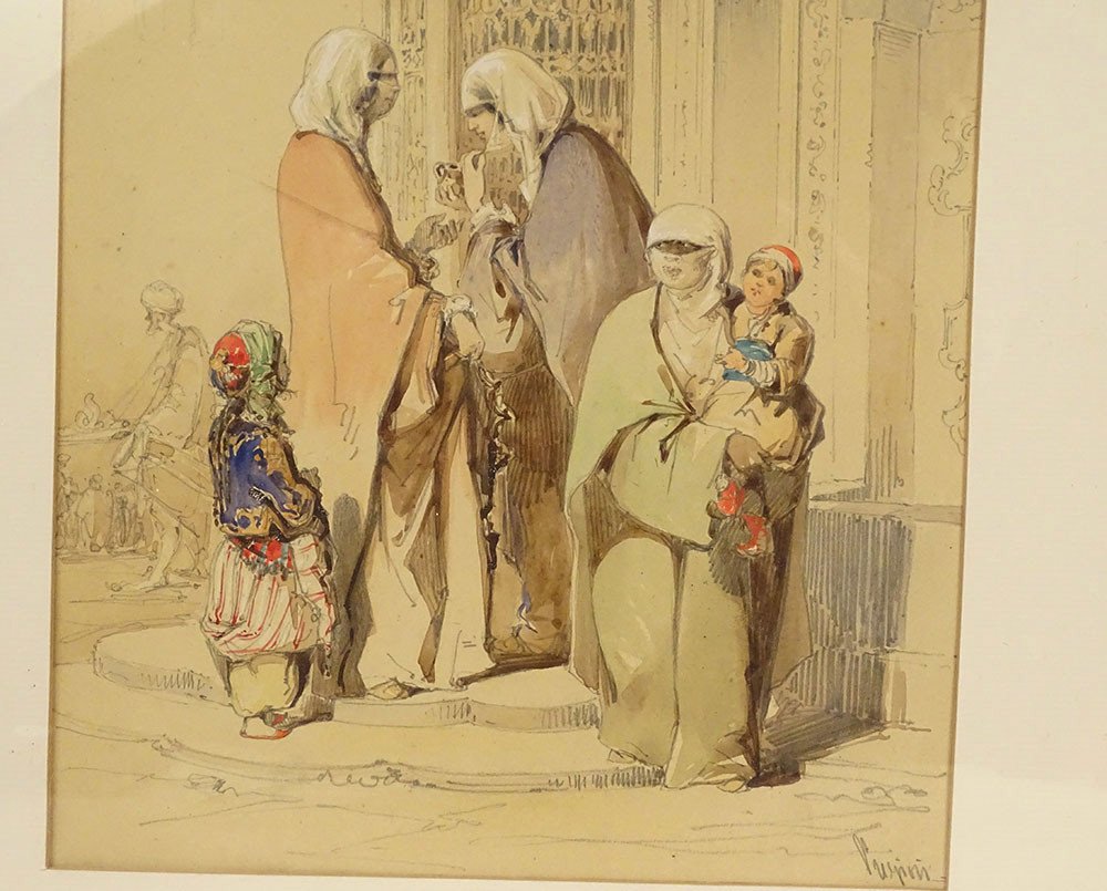 Gouache Orientalist Amedeo Preziosi Ottoman Women Mosque Istanbul XIXth-photo-2