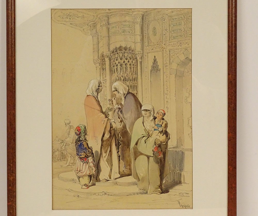 Gouache Orientalist Amedeo Preziosi Ottoman Women Mosque Istanbul XIXth-photo-5