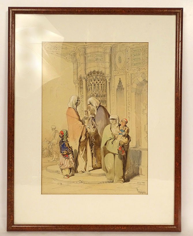 Gouache Orientalist Amedeo Preziosi Ottoman Women Mosque Istanbul XIXth