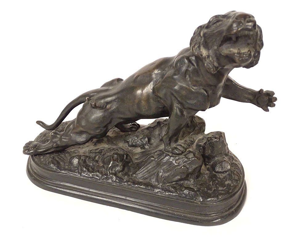 Sculpture Bronze Tigre Blessé Lionne J.Hesteau Bronze Animalier XIXè Siècle