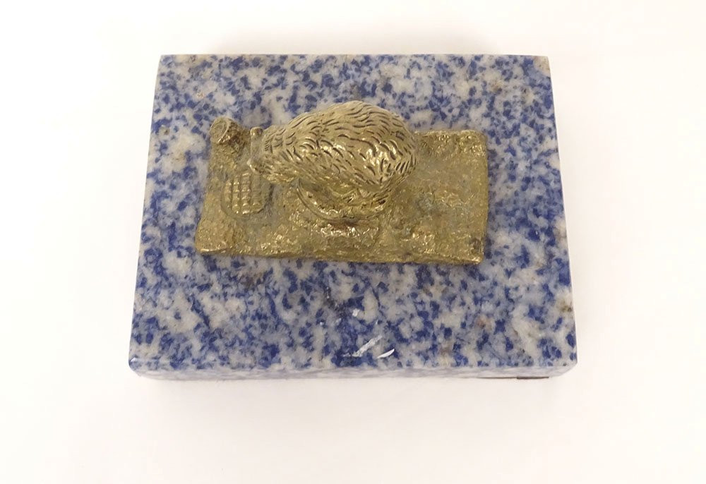 Small Sculpture Paperweight Gilt Bronze Bear Sodalite Marble Late 19th Century-photo-2