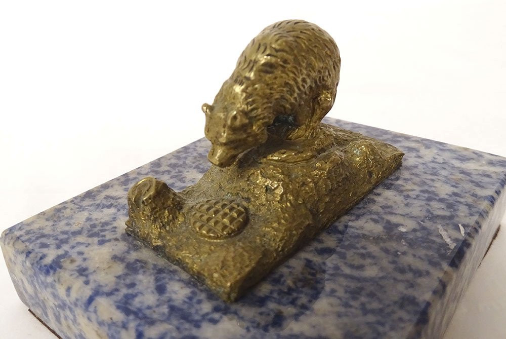 Small Sculpture Paperweight Gilt Bronze Bear Sodalite Marble Late 19th Century-photo-3