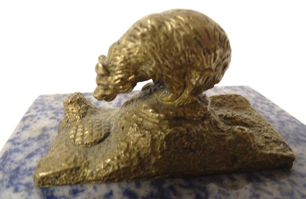 Small Sculpture Paperweight Gilt Bronze Bear Sodalite Marble Late 19th Century-photo-4