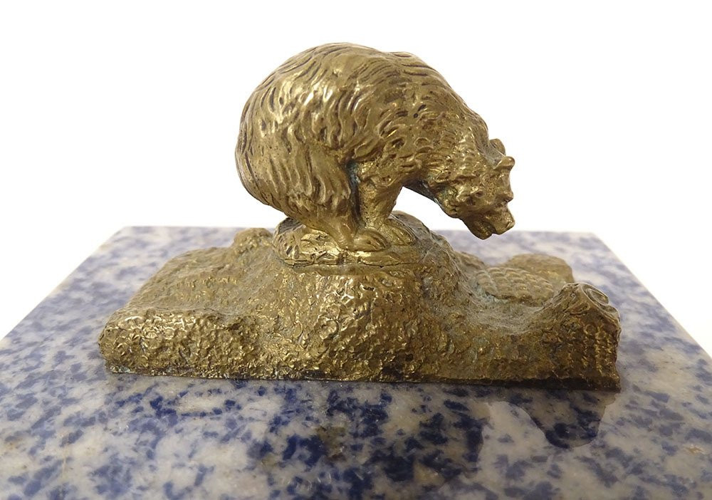 Small Sculpture Paperweight Gilt Bronze Bear Sodalite Marble Late 19th Century-photo-1