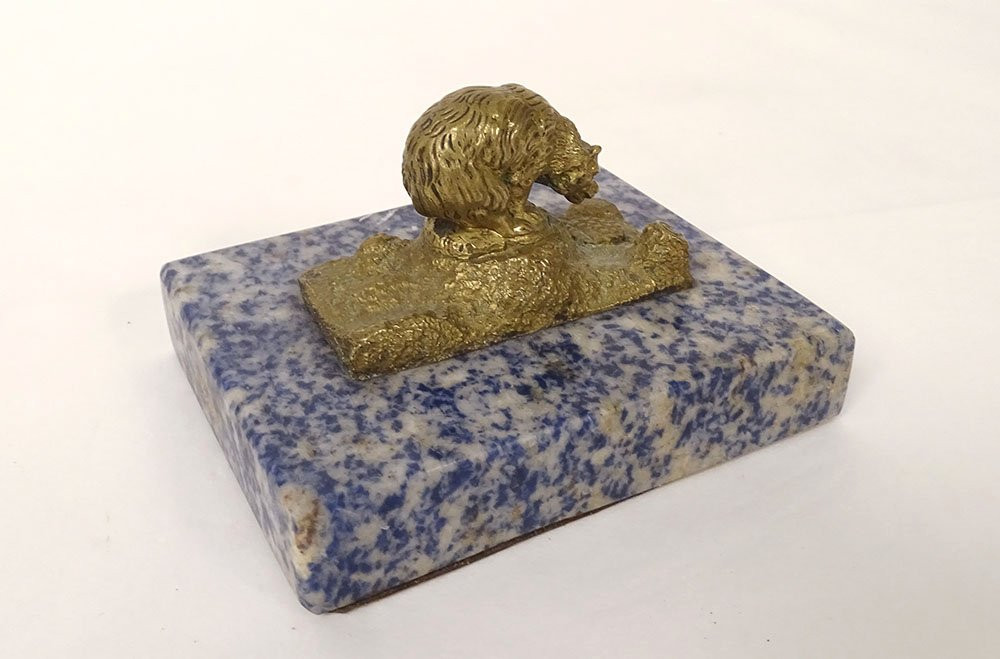 Small Sculpture Paperweight Gilt Bronze Bear Sodalite Marble Late 19th Century-photo-3