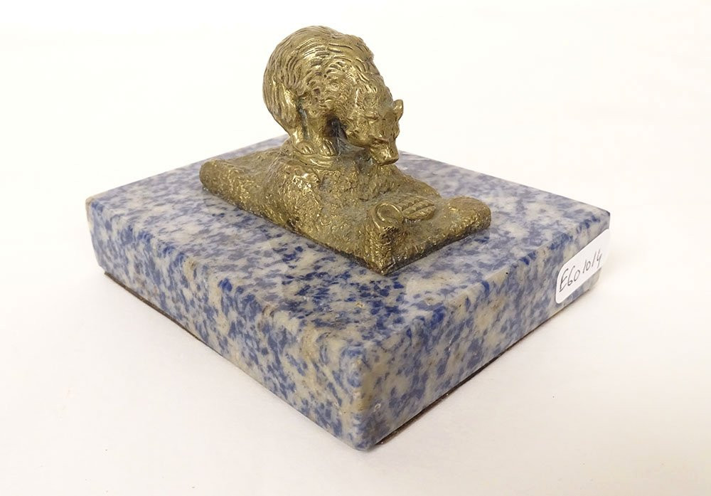 Small Sculpture Paperweight Gilt Bronze Bear Sodalite Marble Late 19th Century-photo-4