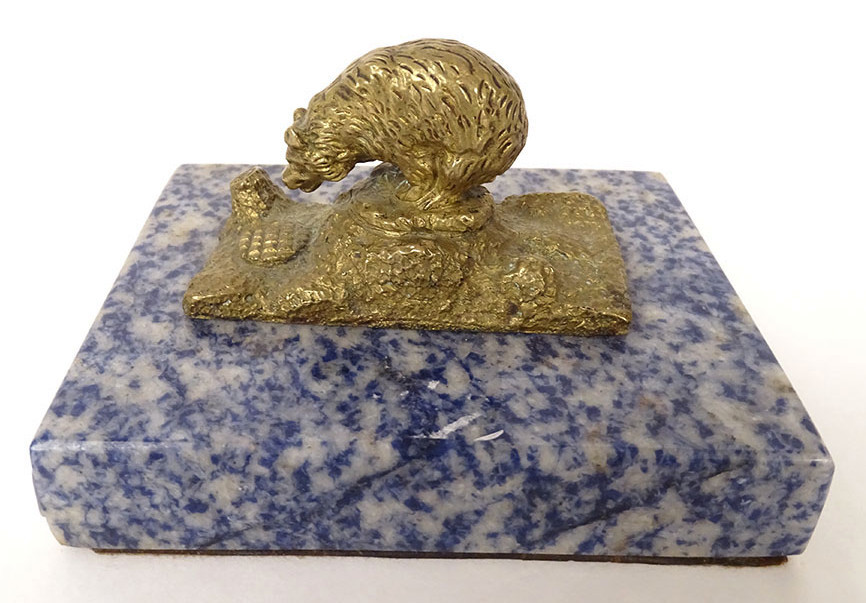 Small Sculpture Paperweight Gilt Bronze Bear Sodalite Marble Late 19th Century