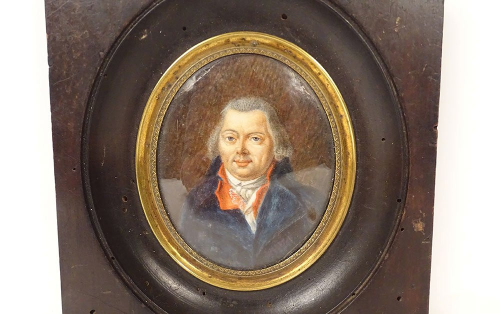 Painted Miniature Portrait Man Gentleman Noble Empire Wooden Frame 19th Century-photo-2