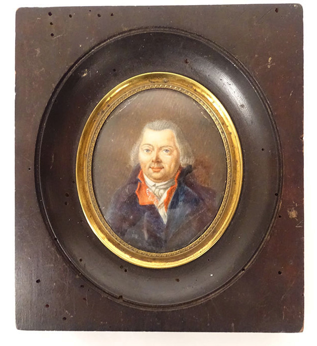 Painted Miniature Portrait Man Gentleman Noble Empire Wooden Frame 19th Century